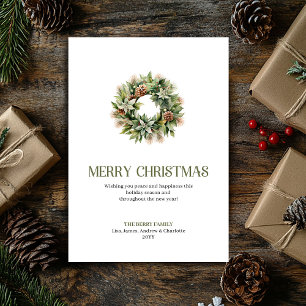 Cartes Pour Fêtes Annuelles Couronne de Noël minimaliste chic Vert sauge Or Sc