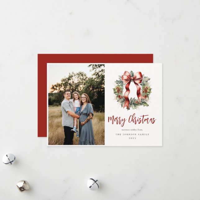 Cartes Pour Fêtes Annuelles Couronne de Noël Photo de houx de Noël (Devant/Arrière en situation)