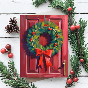 Cartes Pour Fêtes Annuelles Couronne de Noël Porte Rouge Aquarelle