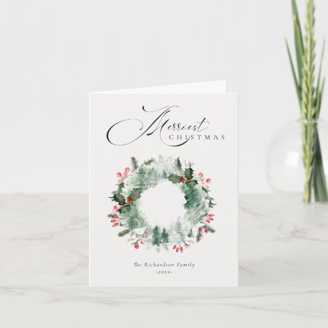 Cartes Pour Fêtes Annuelles Couronne de Noël rouge arbre pin baies de houx (Devant)