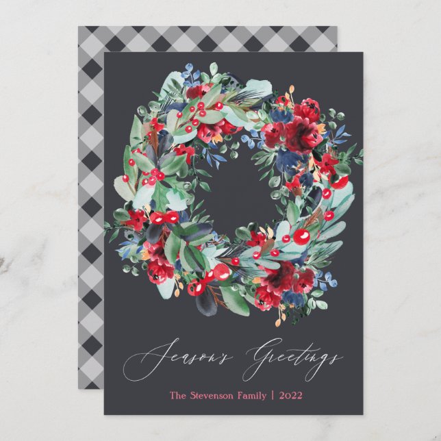 Cartes Pour Fêtes Annuelles Couronne de Noël rouge floral rustique (Devant / Derrière)