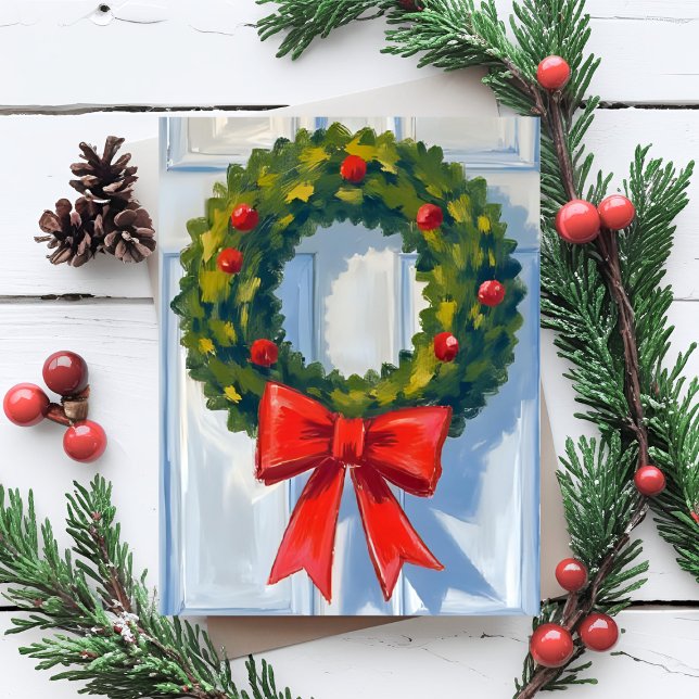 Cartes Pour Fêtes Annuelles Couronne de Noël Ruban Rouge Aquarelle Blanche (Créateur téléchargé)