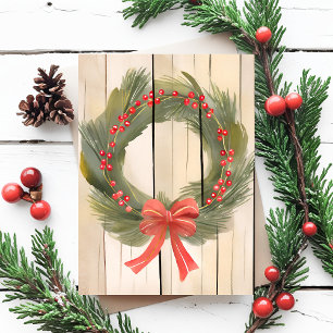 Cartes Pour Fêtes Annuelles Couronne de Noël Ruban Rouge   Joli Pin Aquarelle