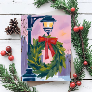 Cartes Pour Fêtes Annuelles Couronne de Noël sur un lampadaire de ville aquare