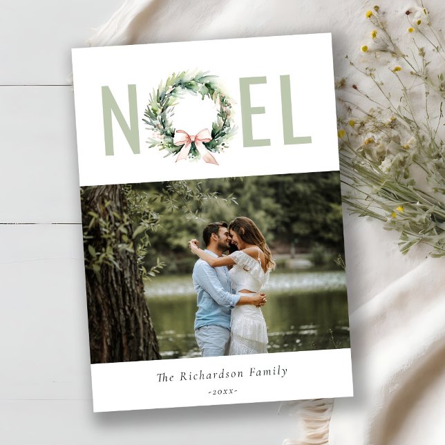 Cartes Pour Fêtes Annuelles Couronne de Noël verte blush douce Noel Photo (Créateur téléchargé)