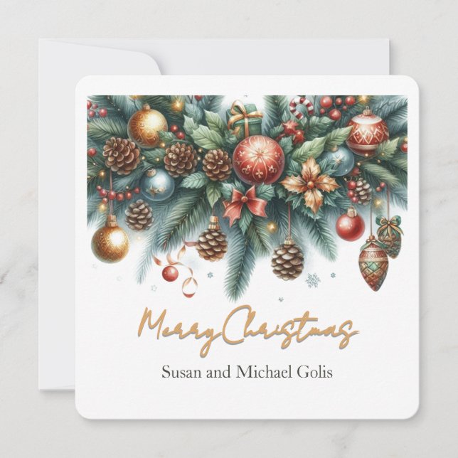 Cartes Pour Fêtes Annuelles Couronne de Noël verte et or (Devant)