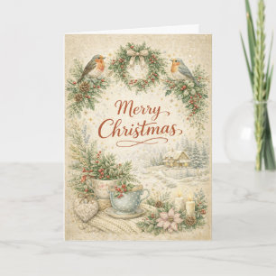 Cartes Pour Fêtes Annuelles Couronne de Noël vintage au rouge-gorge