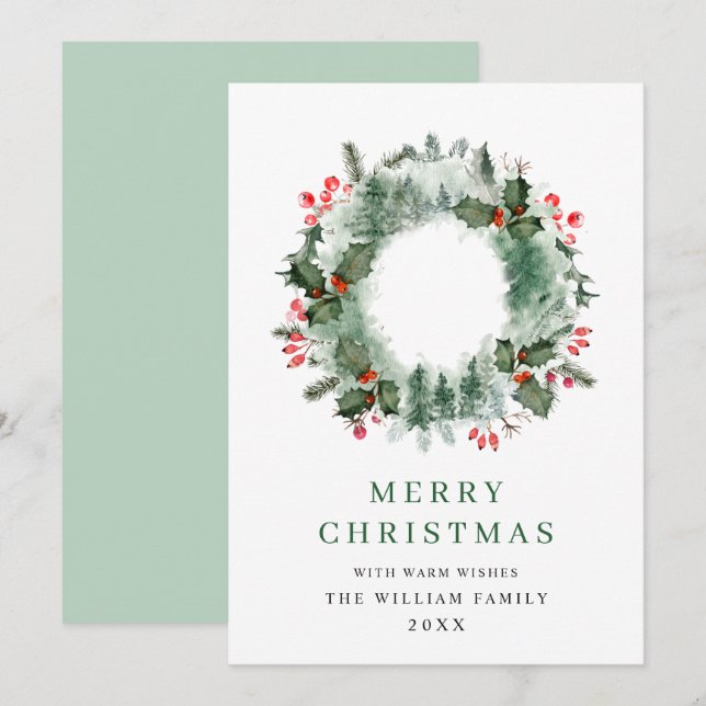 Cartes Pour Fêtes Annuelles Couronne de paysage houx baie pin forêt Noël (Devant / Derrière)