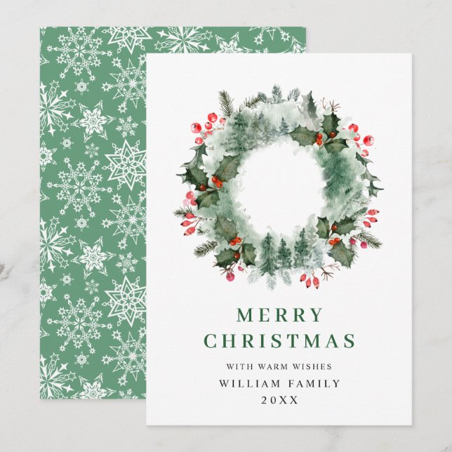 Cartes Pour Fêtes Annuelles Couronne de paysage houx baie pin forêt Noël (Devant / Derrière)