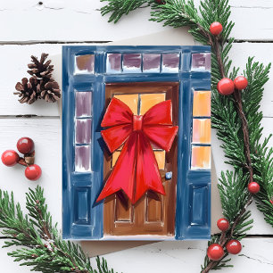 Cartes Pour Fêtes Annuelles Couronne de porte à ruban de Noël rouge aquarelle