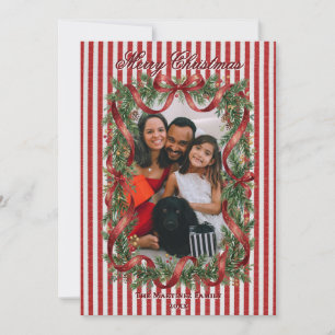 Cartes Pour Fêtes Annuelles Couronne de sapin à rayures rouges avec noeud Phot