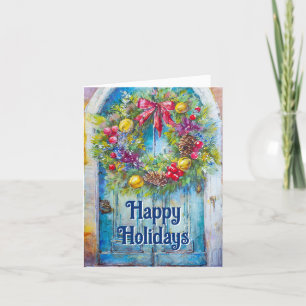 Cartes Pour Fêtes Annuelles Couronne de vacances sur la vieille porte