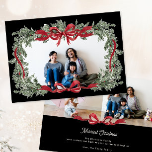 Cartes Pour Fêtes Annuelles Couronne de verdure à l'aquarelle avec ruban rouge