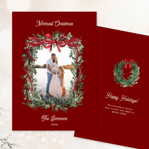 Cartes Pour Fêtes Annuelles Couronne de verdure à l'aquarelle avec un nœud rou