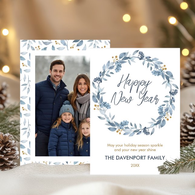 Cartes Pour Fêtes Annuelles Couronne de verdure bleue à l'aquarelle élégante P (Créateur téléchargé)