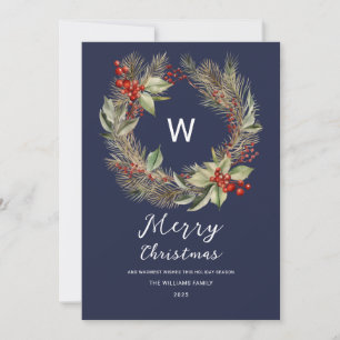 Cartes Pour Fêtes Annuelles Couronne de verdure de Noël Monogramme sur fond bl