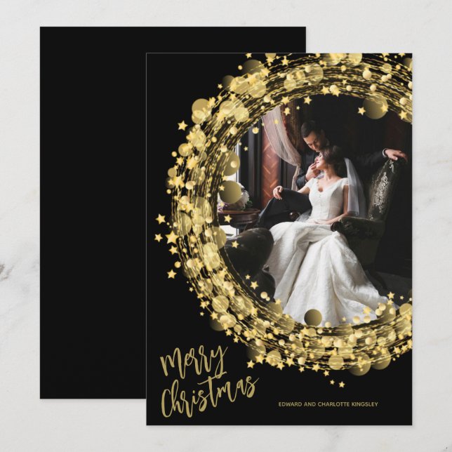 Cartes Pour Fêtes Annuelles Couronne d'or sur Black Merry Christmas Photo (Devant / Derrière)