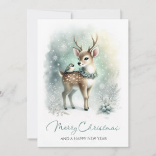 Cartes Pour Fêtes Annuelles Couronne Faon & Forêt enneigée Fantaisie