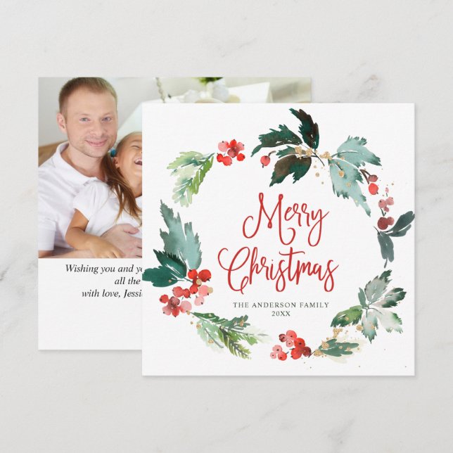 Cartes Pour Fêtes Annuelles Couronne festive de houx à baies Noël PHOTO Fêtes (Devant / Derrière)