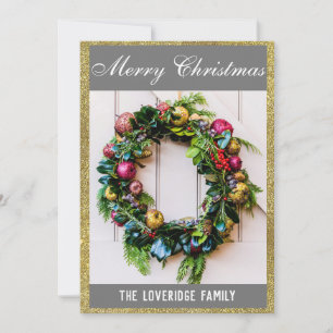 Cartes Pour Fêtes Annuelles Couronne festive de Noël grise et dorée pailletée
