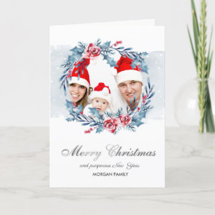 Cartes Pour Fêtes Annuelles Couronne fleurs baie houx photo Joyeux Noël