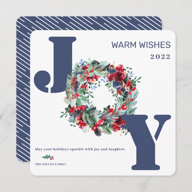 Cartes Pour Fêtes Annuelles Couronne florale moderne Joyeux Noël Joie bleu (Devant / Derrière)