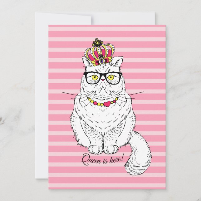 Cartes Pour Fêtes Annuelles Couronne Queen Cat blanche rose (Devant)