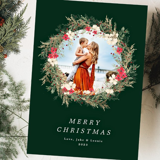 Cartes Pour Fêtes Annuelles couronne verte moderne une photo joyeux noël (Créateur téléchargé)
