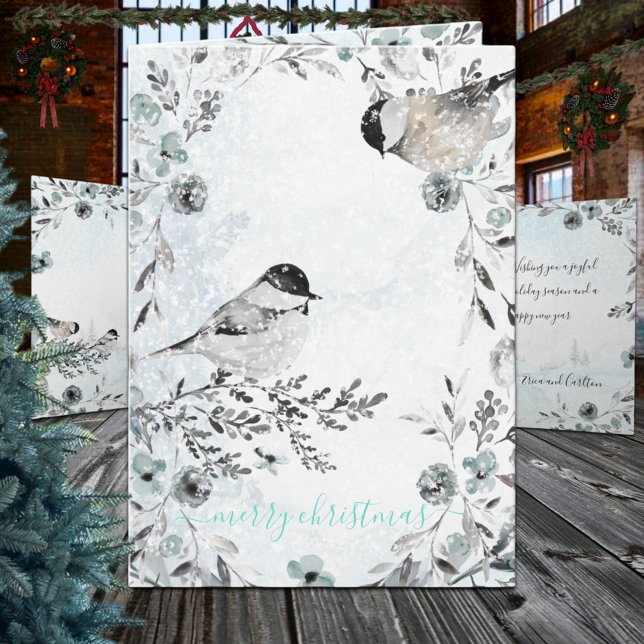 Cartes Pour Fêtes Annuelles Couronnes de Noël Dusty Blue des mésanges en hiver (Winter Chickadees Dusty Blue Wreath Christmas Holiday Card)