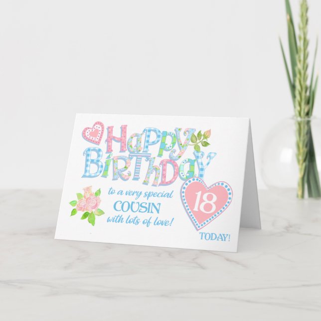 Cartes Pour Fêtes Annuelles Cousin 18e anniversaire Coeurs Rose Word Art Card (Devant)
