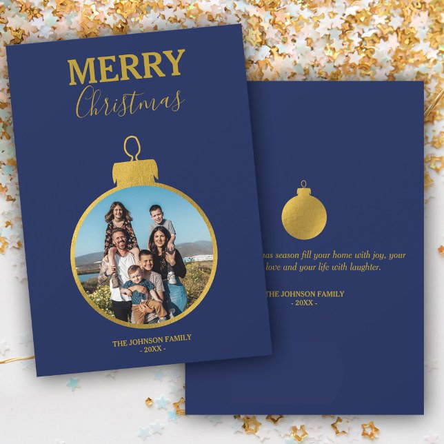 Cartes Pour Fêtes Annuelles Coutume Gold Blue Photo Ornements Noël (Custom Gold Blue Photo Ornaments Christmas Holiday Card)