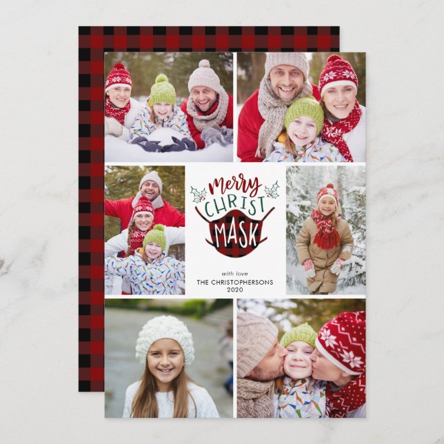 Cartes Pour Fêtes Annuelles COVID-19 MERRY ChristMASK Buffalo Plaid 6 Photo (Devant / Derrière)