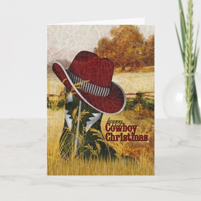 Cartes Pour Fêtes Annuelles Cowboy Noël Pays Western Boot et Casquette (Devant)