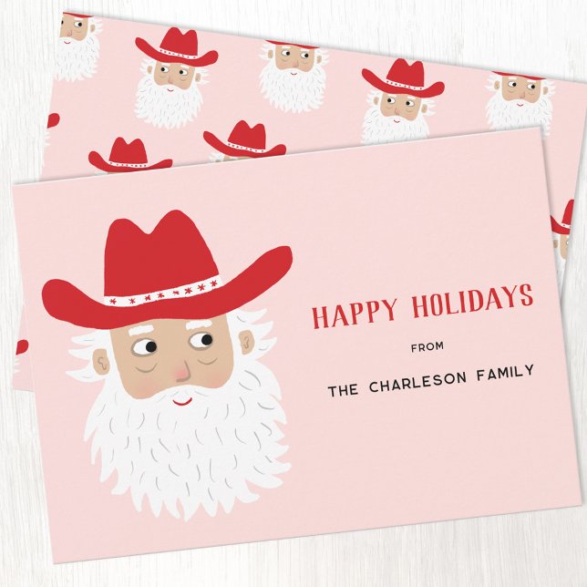 Cartes Pour Fêtes Annuelles Cowboy Santa Claus Christmas Pink (Fun Cowboy Santa Claus Western Christmas custom text personalized Holiday card)