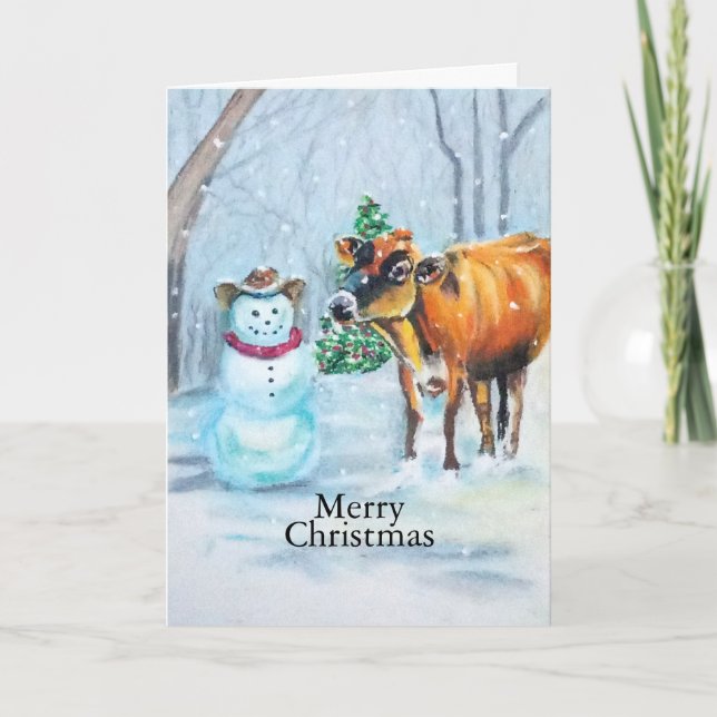 Cartes Pour Fêtes Annuelles Cowboy Snowman & Cow Christmas Winter Scene (Devant)