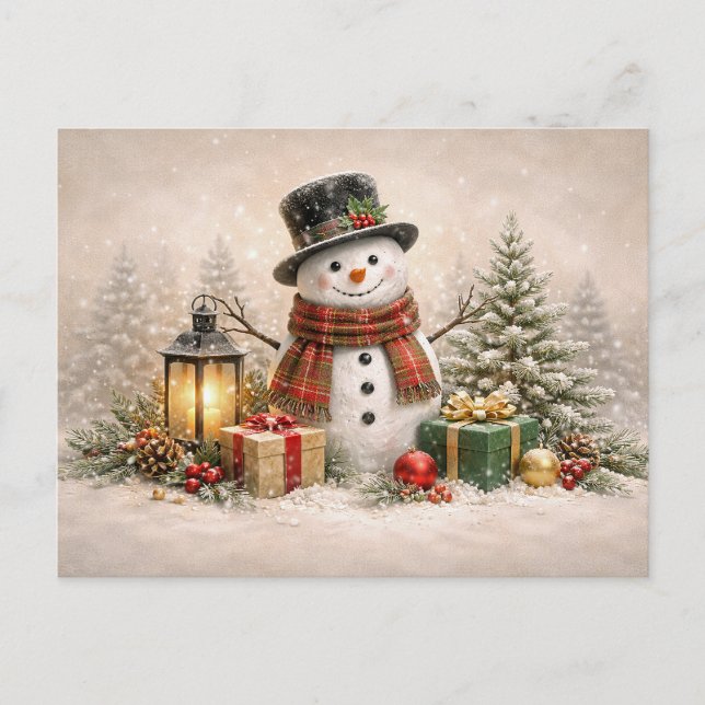 Cartes Pour Fêtes Annuelles Cozy Christmas Snowman with Lantern and Gifts (Devant)