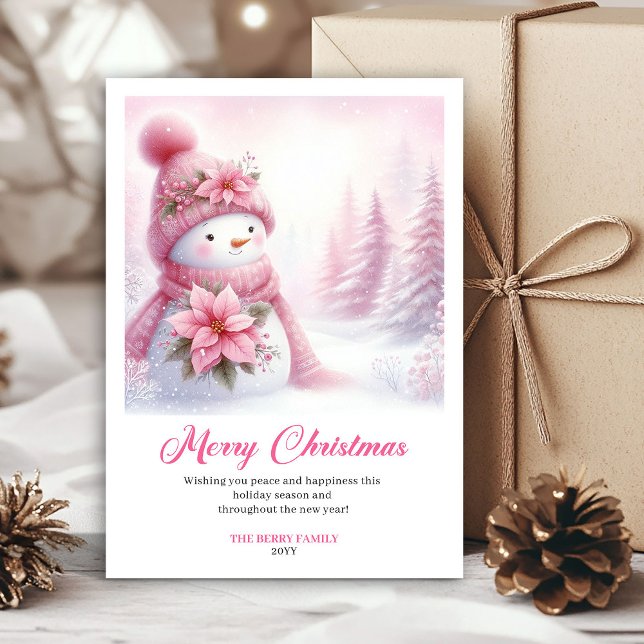 Cartes Pour Fêtes Annuelles Cozy pink snowman Christmas kids card instant down (Cozy pink snowman Christmas kids card instant download)