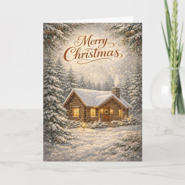 Cartes Pour Fêtes Annuelles Cozy Snow Covered Cabin Merry Christmas  (Devant)