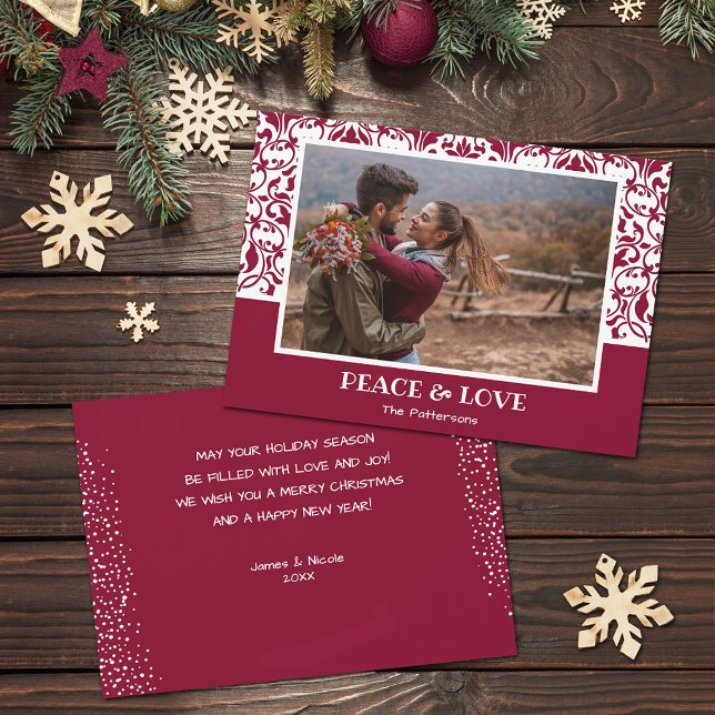 Cartes Pour Fêtes Annuelles Cranberry et White Damask Photo de Noël (Cranberry and white damask design Christmas photo holiday cards, PRINTED and/or INSTANT DOWNLOAD)