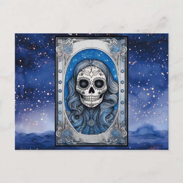 Cartes Pour Fêtes Annuelles Crâne aux Cheveux Bleus Nuit Étoilée Halloween (Devant)