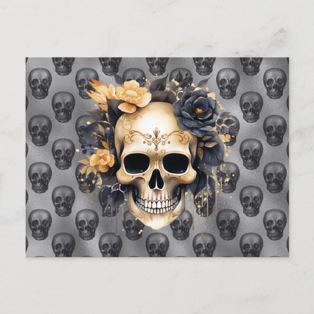 Cartes Pour Fêtes Annuelles Crâne avec Roses noir et or Argent Halloween (Devant)