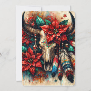 Cartes Pour Fêtes Annuelles Crâne de la vache de Noël Poinsettias plumes
