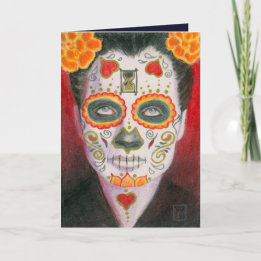 Cartes Pour Fêtes Annuelles Crâne en sucre avec des soucis et un sablier