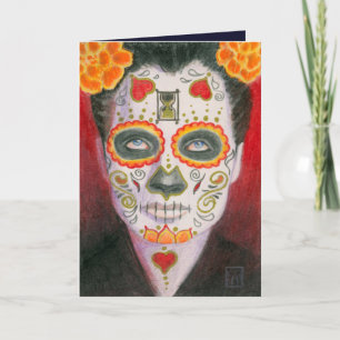 Cartes Pour Fêtes Annuelles Crâne en sucre avec des soucis et un sablier