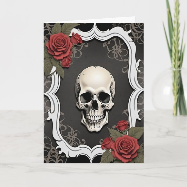 Cartes Pour Fêtes Annuelles Crâne et roses rouges dans un cadre blanc Hallowee (Devant)