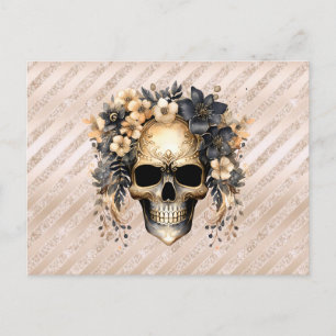 Cartes Pour Fêtes Annuelles Crâne Fleurs Noires et Dorées Rayure Dorée Hallowe