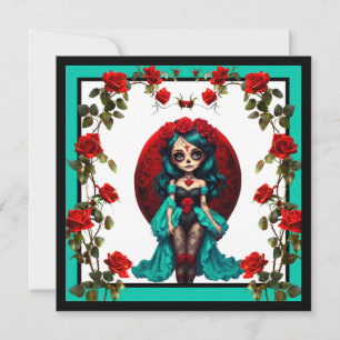 Cartes Pour Fêtes Annuelles Crânes de sucre avec roses sarcelles et rouges