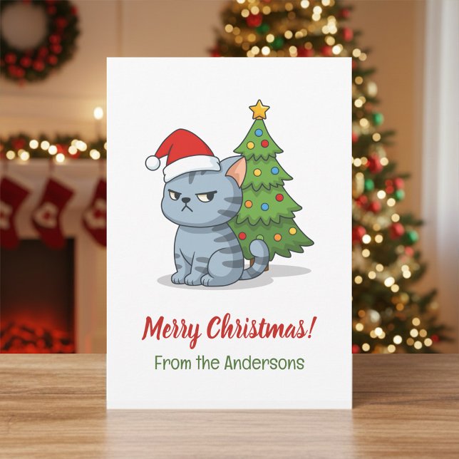 Cartes Pour Fêtes Annuelles Cranky Grey Tabby Cat Red Hat Christmas Tree (Créateur téléchargé)