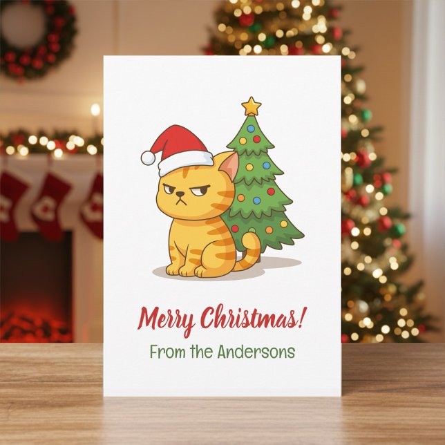 Cartes Pour Fêtes Annuelles Cranky Tabby Cat Red Hat Christmas Tree (Créateur téléchargé)