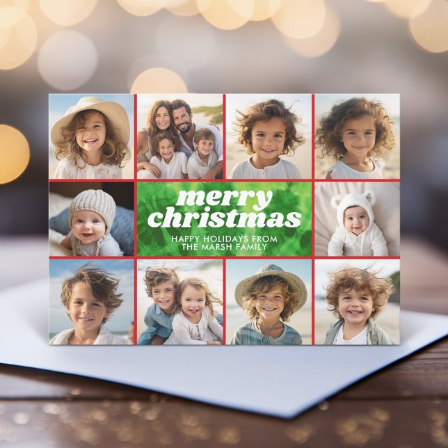 Cartes Pour Fêtes Annuelles Cravate rétro-teint rouge vert - Frontière photo - (A funky tie dye design with 10 Christmas photos. Online and download options available.)